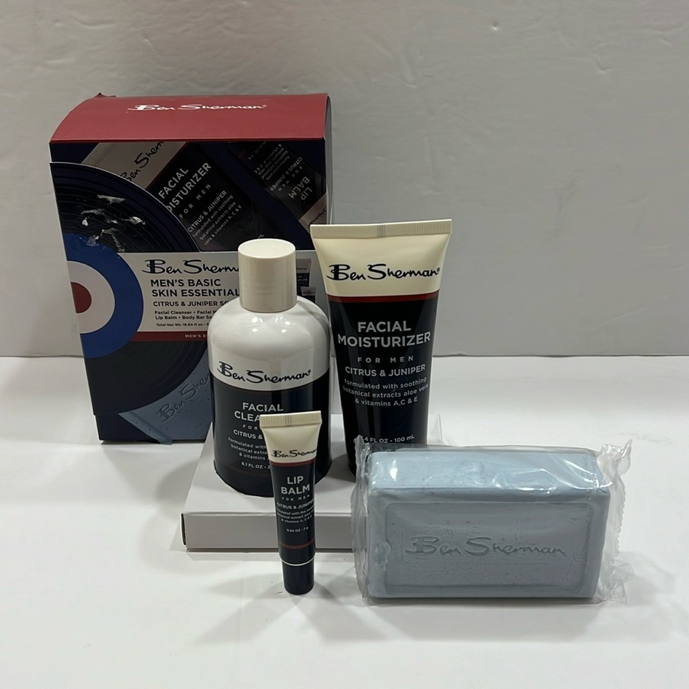 Ben Sherman cleanser 8.1 oz, moisturizer 3.4 oz, lip balm .24 oz & soap 6.9 oz